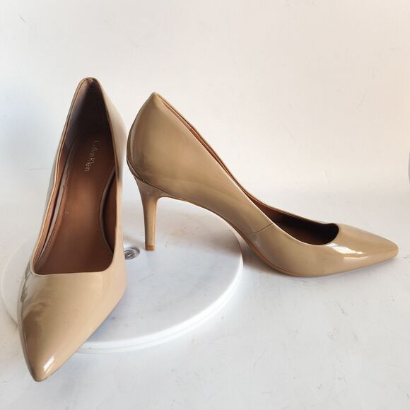 Calvin Klein Heels Size 10 Faux Leather Stiletto Nude Neutral Pointy Toe Beige - Picture 6 of 11